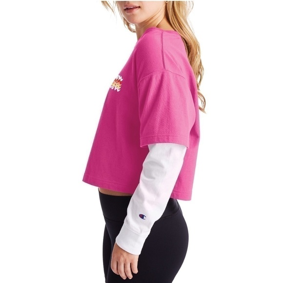 Champion Cropped Top Womens T Shirt Pink White Long Sleeve Size Large - Picture 2 of 9